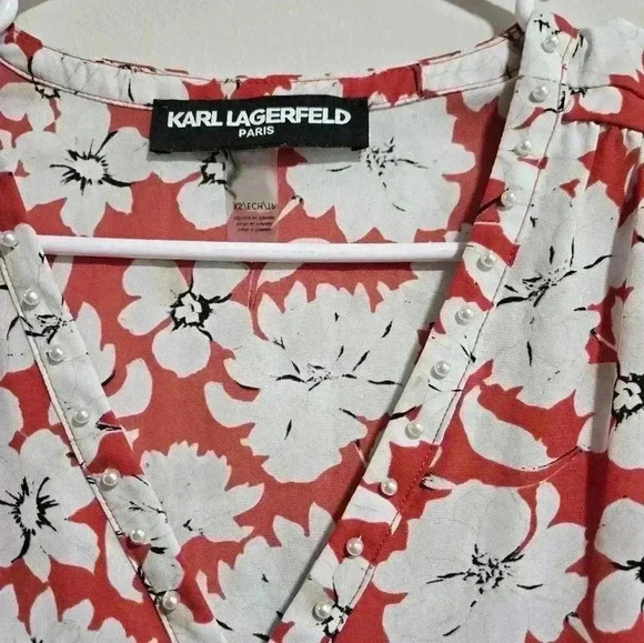 Karl Lagerfeld Red Floral Sleeveless Blouse - Women's Designer Summer Top - Picture 7 of 13